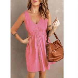 Pink Button Front Mini Dress | Sleeveless Casual Summer Dress